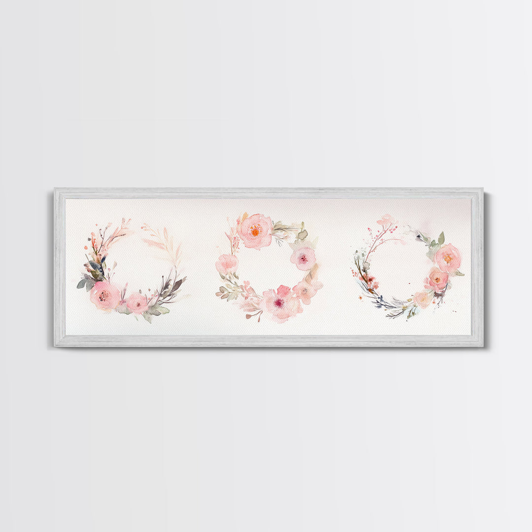 Wildflower Wreath Painting Framed Canvas Print in Pastel Pink and Green, Vertical Rustic Farmhouse Artwork, Botanical Gift Idea