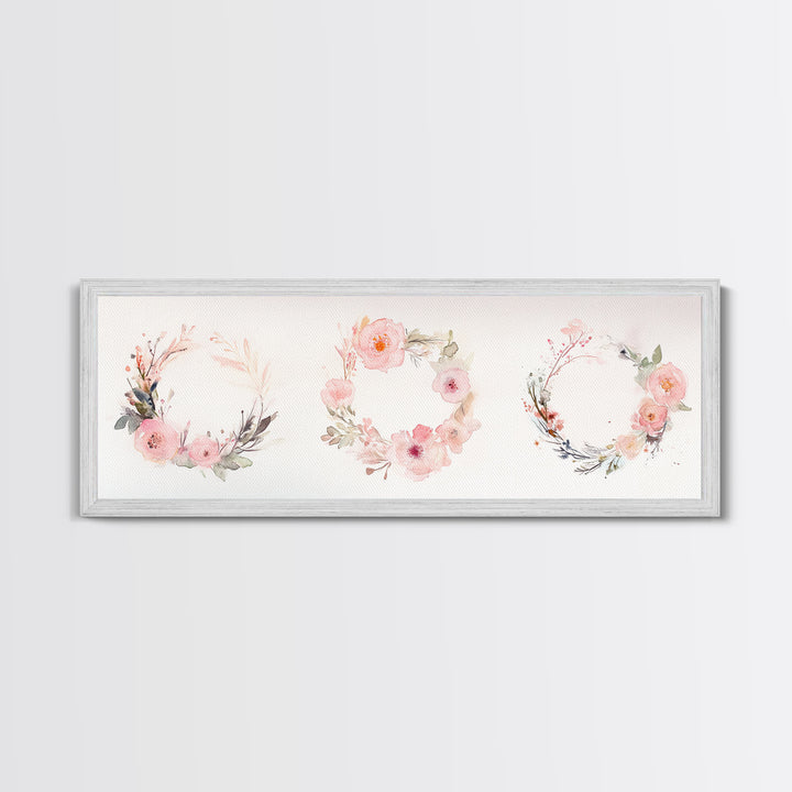Wildflower Wreath Painting Framed Canvas Print in Pastel Pink and Green, Vertical Rustic Farmhouse Artwork, Botanical Gift Idea