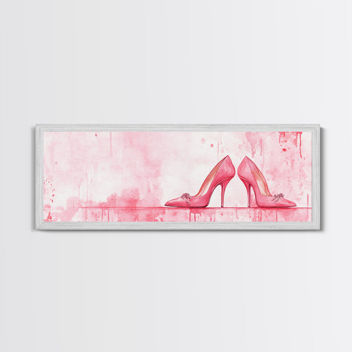 Light Pink Wall Art Framed Canvas Print Featuring Elegant High Heels, Feminine Bedroom Decor, Fashion Artwork Above Bed Idea