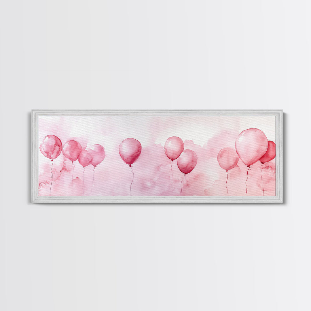 Balloon Painting Framed Canvas Print in Pastel Pink Hues, Whimsical Horizontal Artwork, Light Pink Wall Art for Living Room Decor