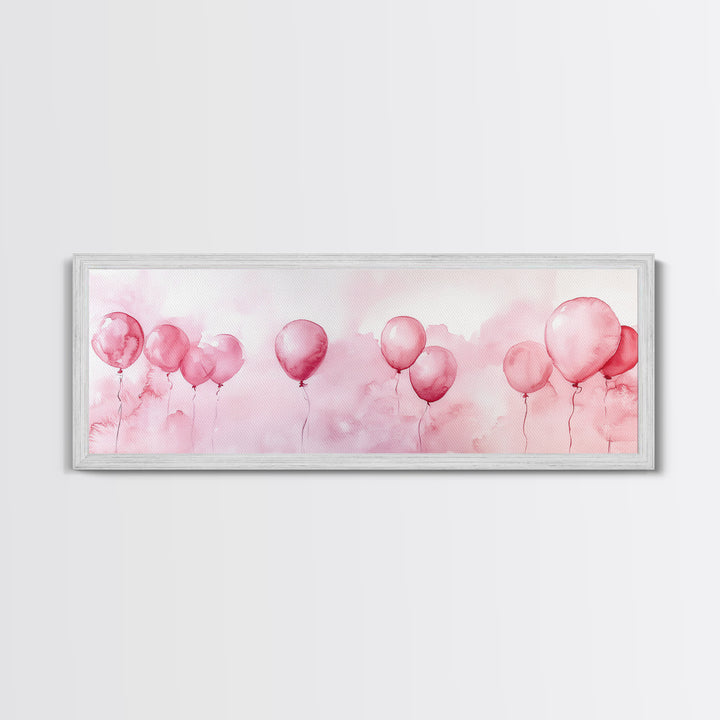 Balloon Painting Framed Canvas Print in Pastel Pink Hues, Whimsical Horizontal Artwork, Light Pink Wall Art for Living Room Decor