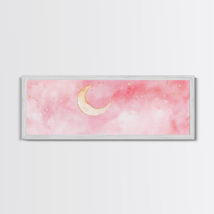 Crescent Moon Canvas Print Light Pink Wall Art Whimsical Night Sky Decor Bedroom Artwork Minimalist Boho Dreamy Gift Idea