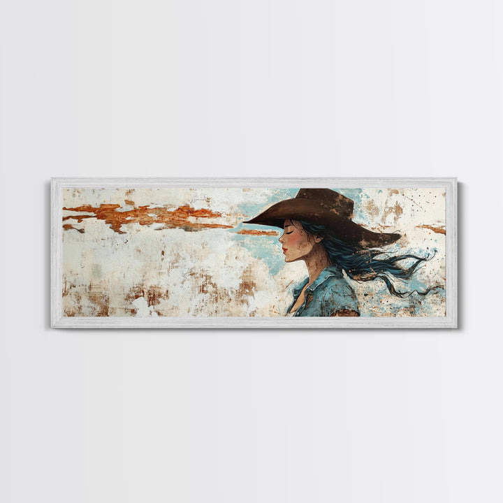 Blue Cowgirl Canvas Print Rustic Western Painting Farmhouse Art Wabi Sabi Artwork Guest Room Decor Extra Wide Wall Art