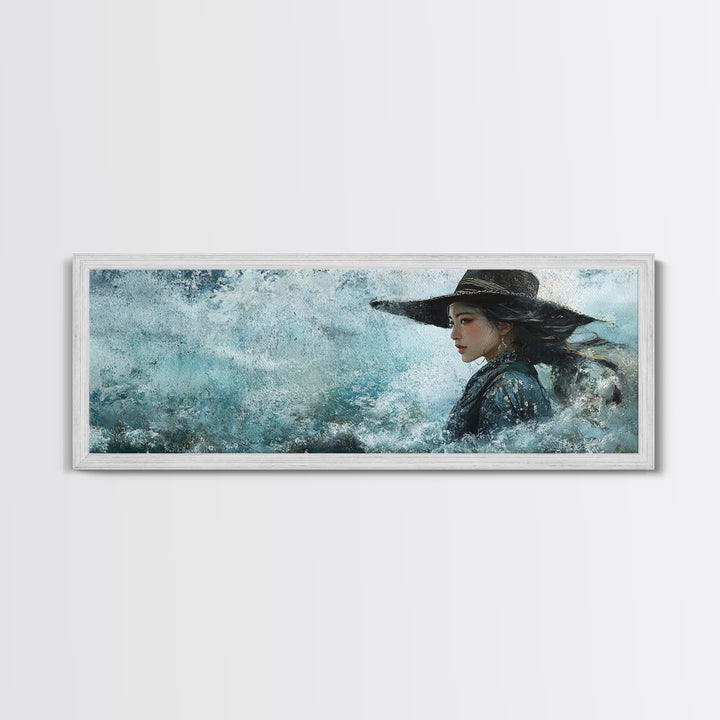 Ocean Cowgirl Canvas Print Coastal Landscape Art Rustic Boho Wall Art Nautical Decor Panoramic Artwork Bedroom Guest Room Decor