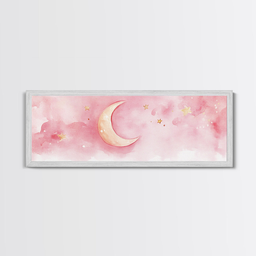 Crescent Moon with Stars Painting, Canvas Print, Light Pink Whimsical Wall Art, Nursery Aesthetic Artwork, Minimalist Cozy Decor