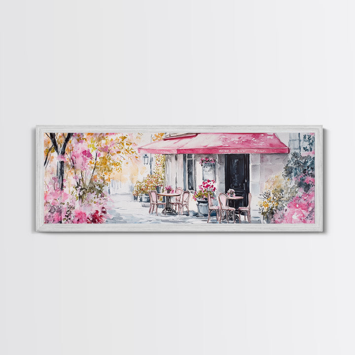 Parisian Cafe Cherry Blossom Painting Framed Canvas Print Extra Wide Art Horizontal Wall Art Rustic Above Sofa Decor