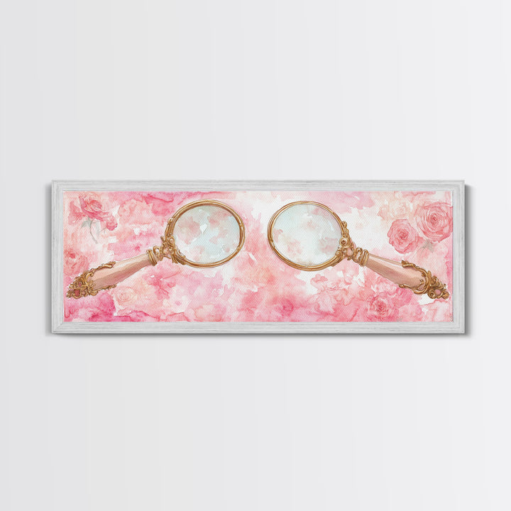 Antique Magnifying Glass Canvas Print, Rose Painting with Vintage Romantic Vibes, Rustic Farmhouse Wall Art, Guest Room Decor
