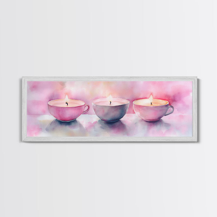 Candlelight Framed Canvas Print, Cozy Pastel Teacup Candles Art, Light Pink Wall Decor, Bedroom or Dining Room Whimsical Artwork