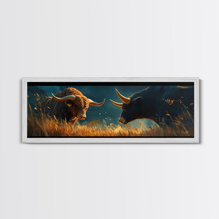 Rustic Bull Showdown Canvas Print - Dramatic Autumn Landscape Art, Industrial Wall Decor, Moody Living Room Accent, Gift Idea For Him