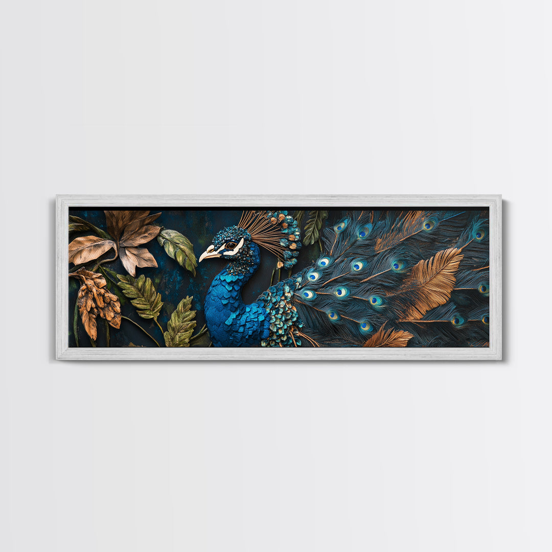 Blue Peacock Framed Canvas Print Chinoiserie Style Mosaic Wall Art Boho Rustic Decor Living Room Feature Art Print