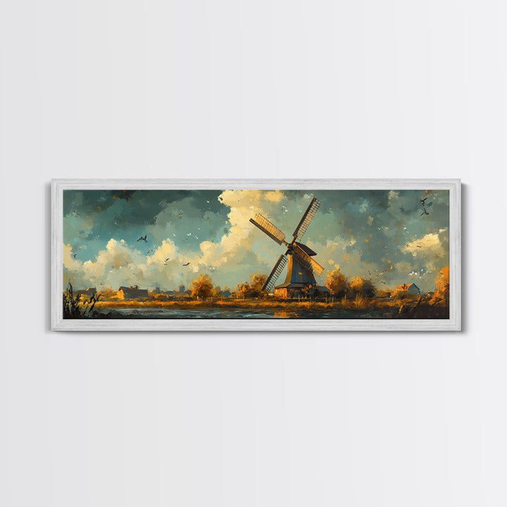 Autumn Windmill Scene Framed Canvas Print - Rustic Fall Farmhouse Art, Moody Living Room Wall Art, Horizontal Panoramic Decor Gift Idea