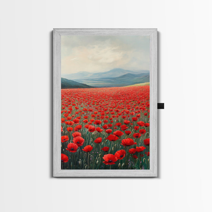 Scenic Poppy Field Framed Canvas Print, Rustic Landscape Painting, Bedroom Art, Farmhouse Wall Decor, Extra Wide Rustic Art