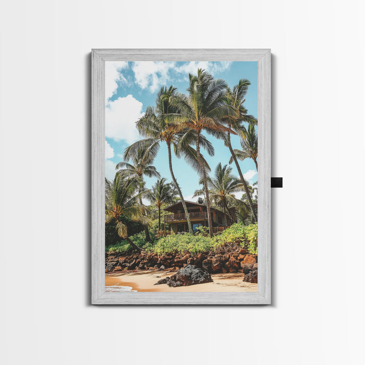 Tropical Beach House Canvas Print – Hawaii Art Coastal Landscape, Rustic Nautical Decor, Seaside Living Room Framed Wall Art