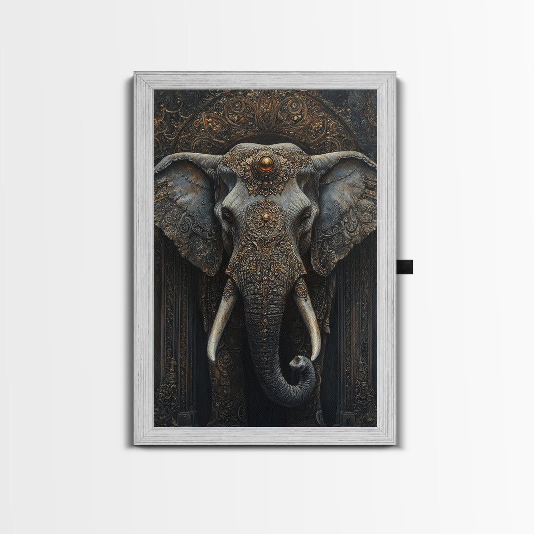 Ornate Elephant Kerala Mural Framed Canvas Print – Ganesh Wall Art, Sacred Geometry Art, Indian Inspired Decor Rustic Living Room Art