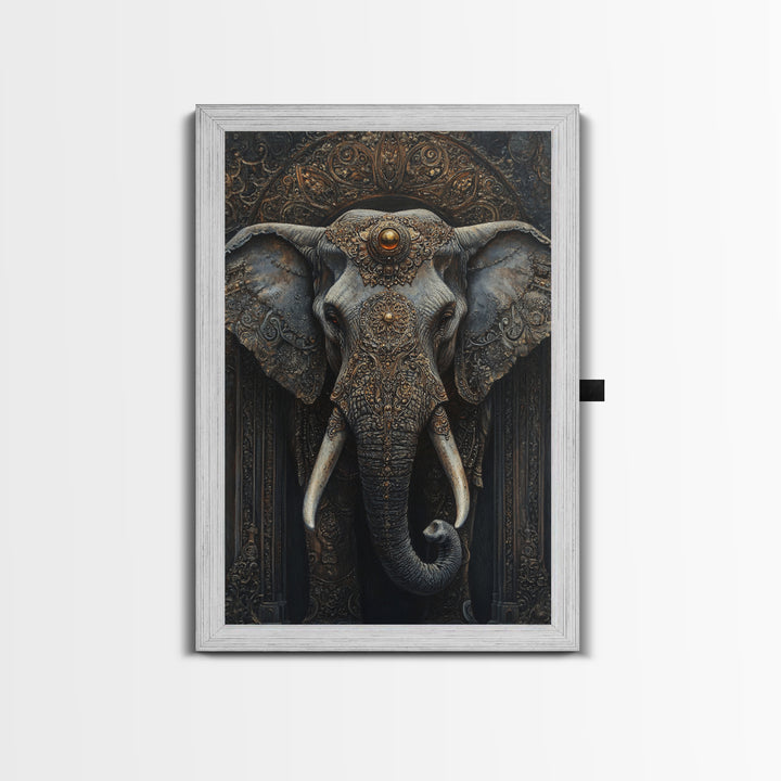 Ornate Elephant Kerala Mural Framed Canvas Print – Ganesh Wall Art, Sacred Geometry Art, Indian Inspired Decor Rustic Living Room Art