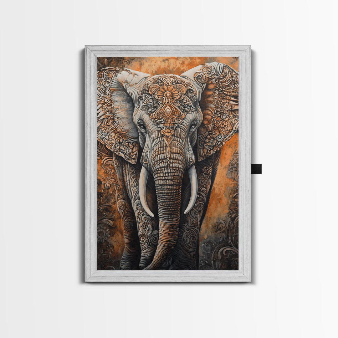 Indian Elephant Art Framed Canvas Print – Kerala Mural Painting, Sacred Geometry Decor, Ganesh Wall Art, Rustic Boho Living Room Art