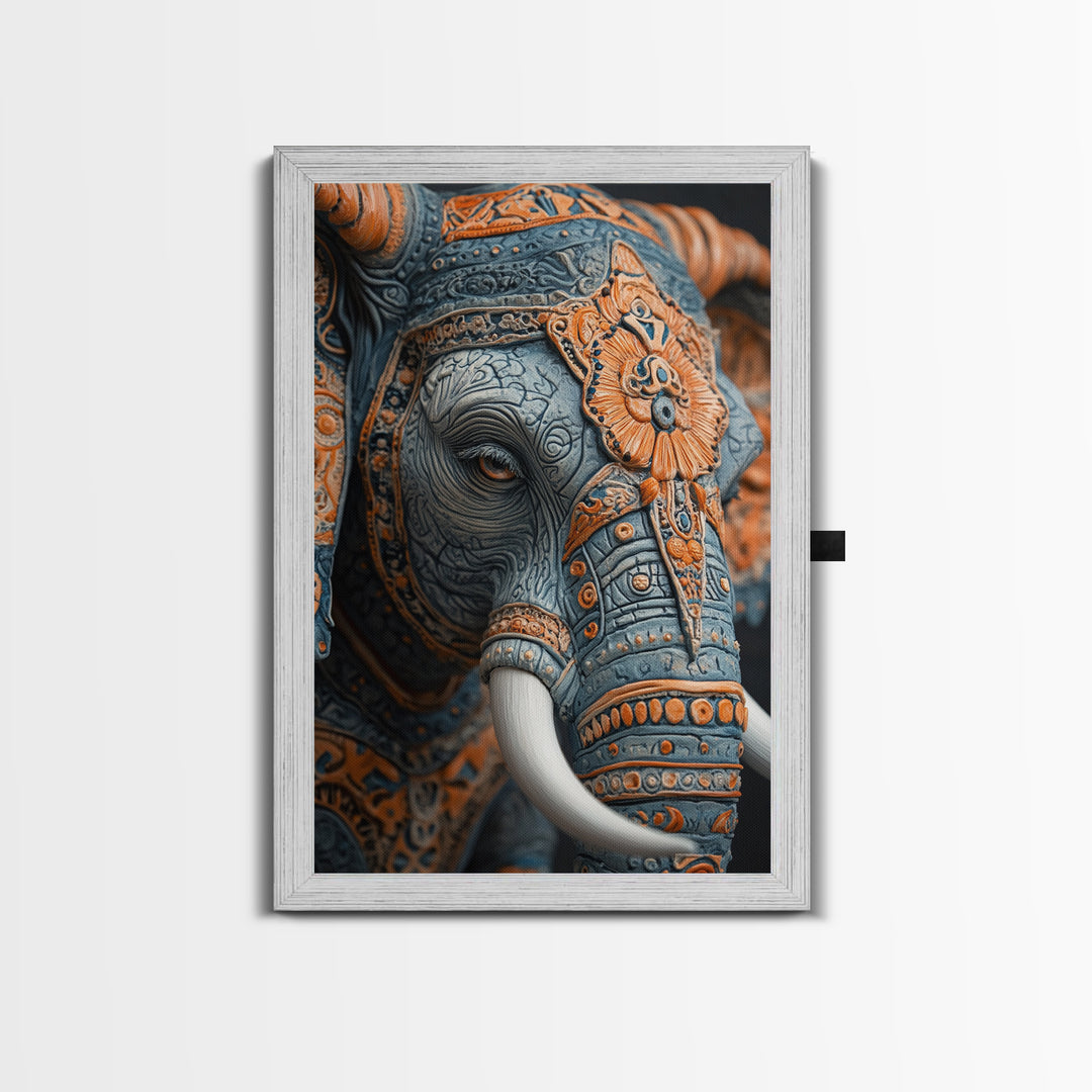 Detailed Elephant Face Framed Canvas Print – Kerala Mural Art, Sacred Geometry Decor, Ganesh Wall Art Rustic Boho Inspired Room Decor