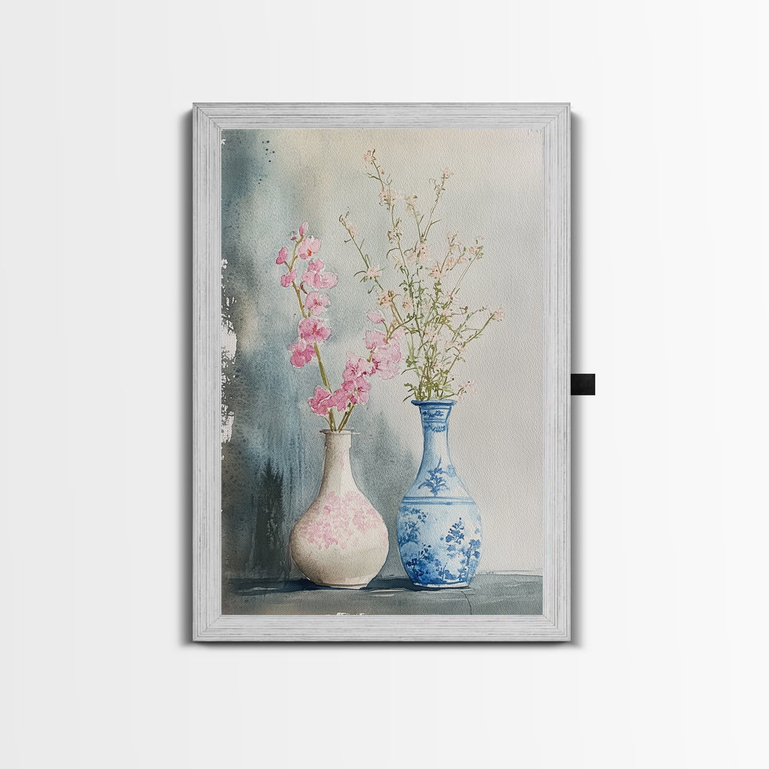Delicate Vases Framed Canvas Print Wildflower Painting Botanical Prints Minimalist Art Light Pink Wall Art Rustic Decor Gift Idea