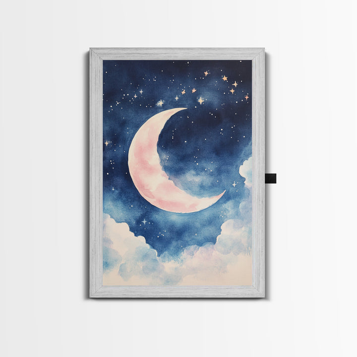 Crescent Moon Painting Canvas Print Bedroom Art Moody Night Sky Painting Above Bed Wall Art Whimsical Art Gift Idea Light Decor
