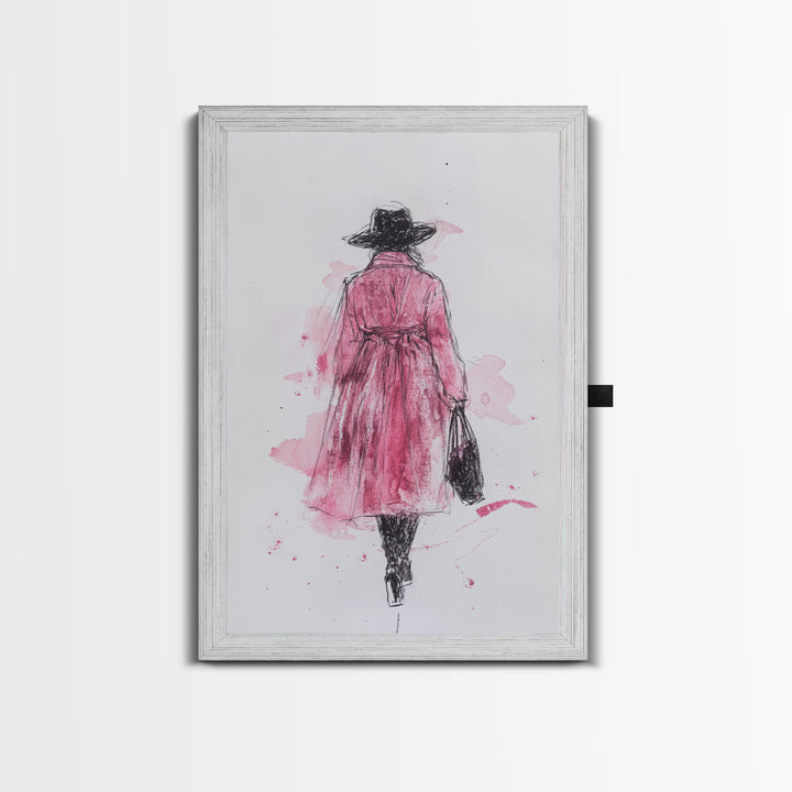 Woman in Coat Framed Canvas Print Light Pink Wall Art Moody Minimalist Fashion Illustration Rustic Aesthetic Unique Gift Idea
