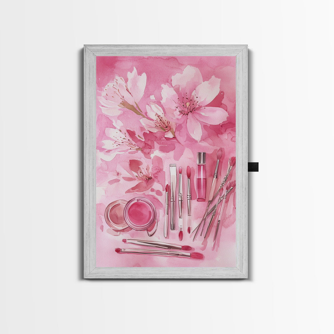 Cherry Blossom Canvas Print Featuring Makeup and Brush Theme Perfect Whimsical and Light Pink Wall Art Bedroom or Bathroom Decor