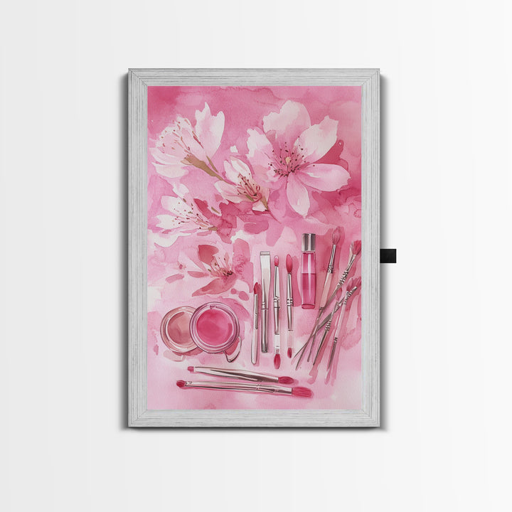 Cherry Blossom Canvas Print Featuring Makeup and Brush Theme Perfect Whimsical and Light Pink Wall Art Bedroom or Bathroom Decor