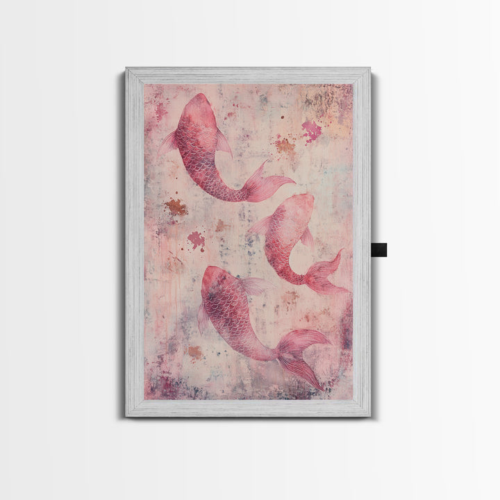 Artistic koi fish painting with framed canvas print, pink abstract art, light pink wall art, gift idea, moody art above bed decor
