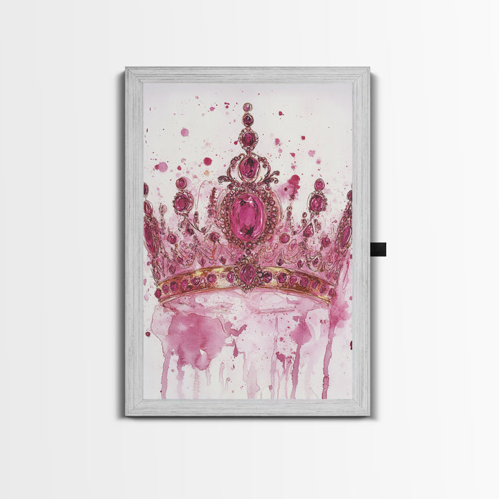 Regal jeweled crown painting featuring framed canvas print, moody art, pink wall art for dorm, unique goddess art print decor