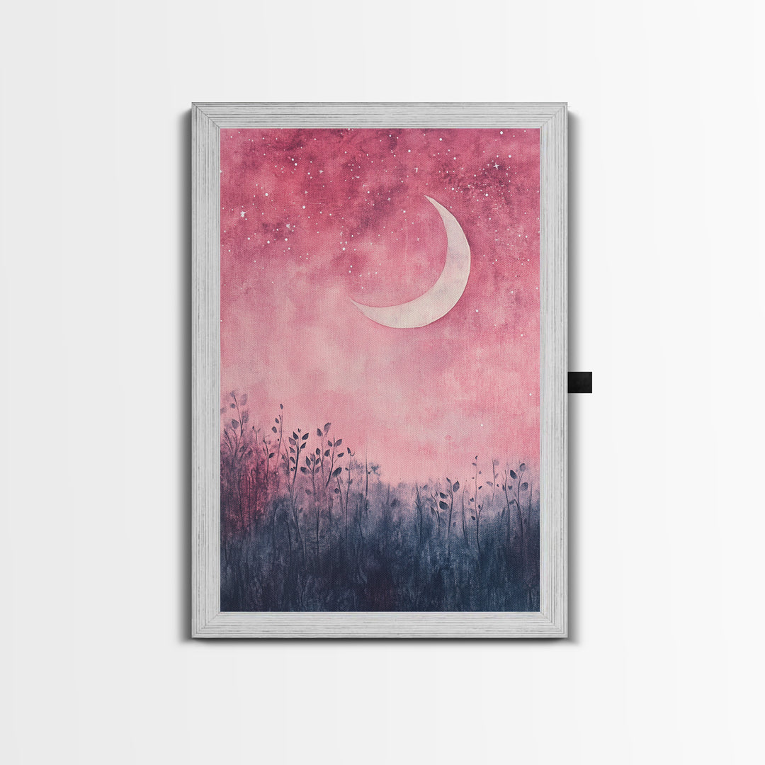 Crescent moon painting on framed canvas print, moody art, pink abstract art, cherry blossom painting, vertical wall art decor