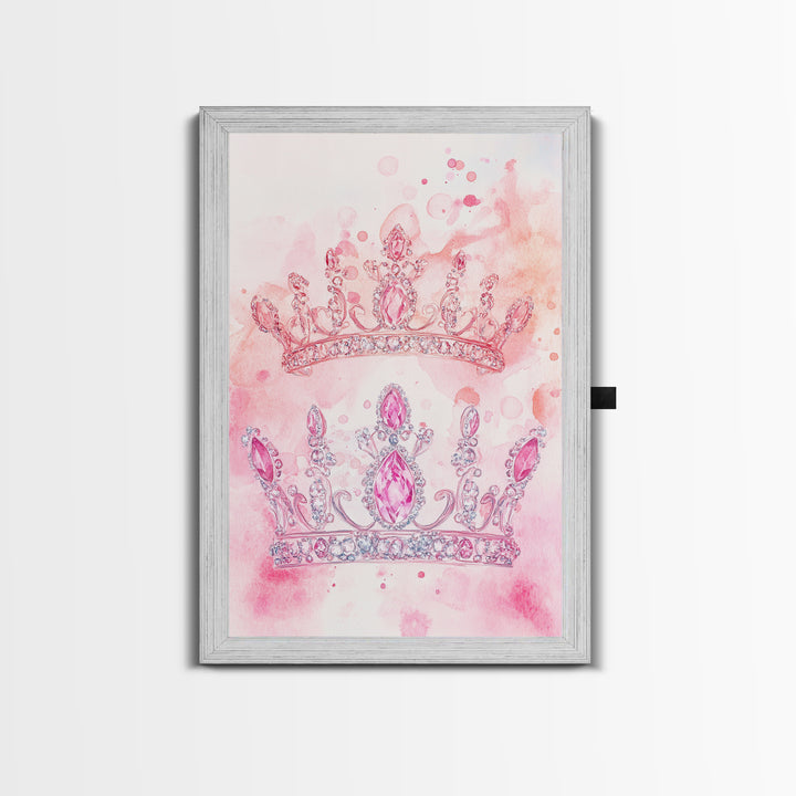Twin jeweled crown painting featuring framed canvas print, whimsical art, light pink wall art, goddess art print, gift idea decor