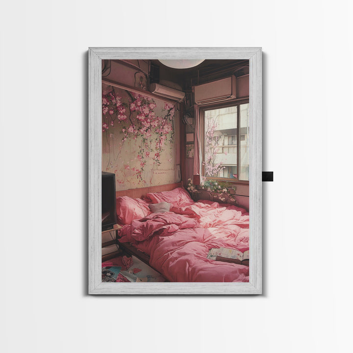 Cherry Blossom Dream Framed Canvas Print Light Pink Japanese Inspired Bedroom Art Cozy Home Floral Wall Decor Feminine Artwork Gift