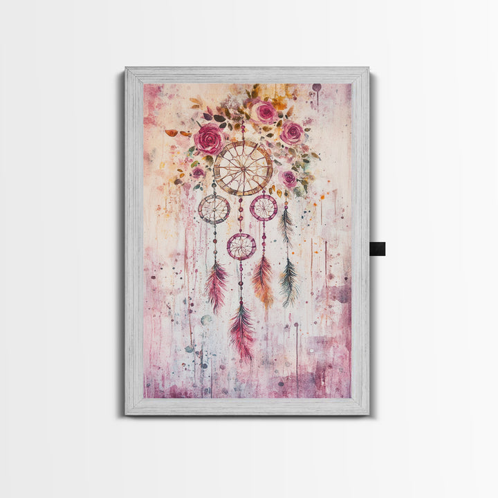 Dreamcatcher with Roses Framed Canvas Print Boho Bedroom Art Botanical Prints Pink Wall Art Light Pink Home Decor Wildflower Painting