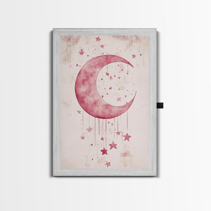 Crescent Moon and Stars Framed Canvas Print Mystical Boho Art Zen Wall Art Light Pink Wall Art Bedroom Art Dreamy Night Sky Decor