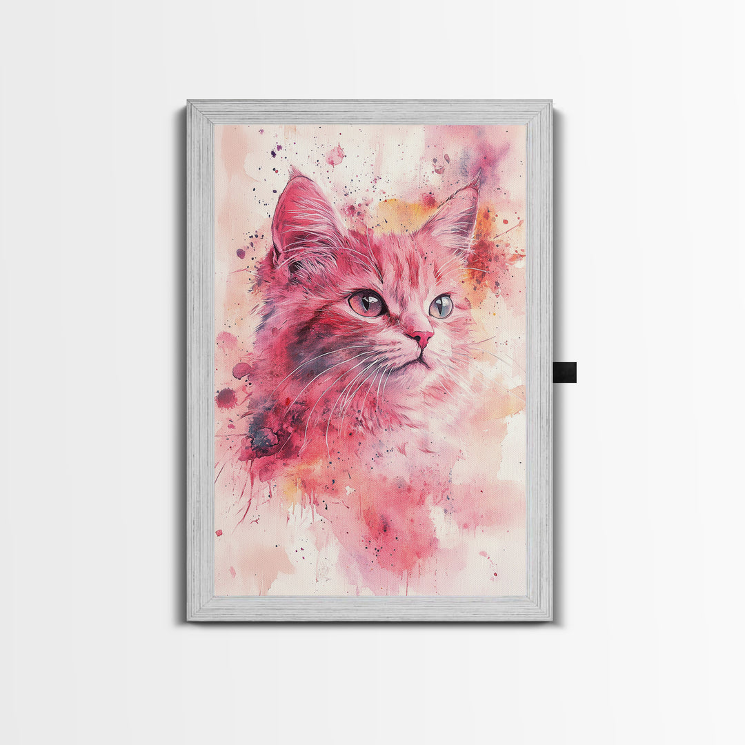 Pink Cat Portrait Canvas Print, Whimsical Art, Feline Wall Art, Light Pink Wall Art, Bedroom Art, Artistic Decor, Gift Idea for Cat Lovers