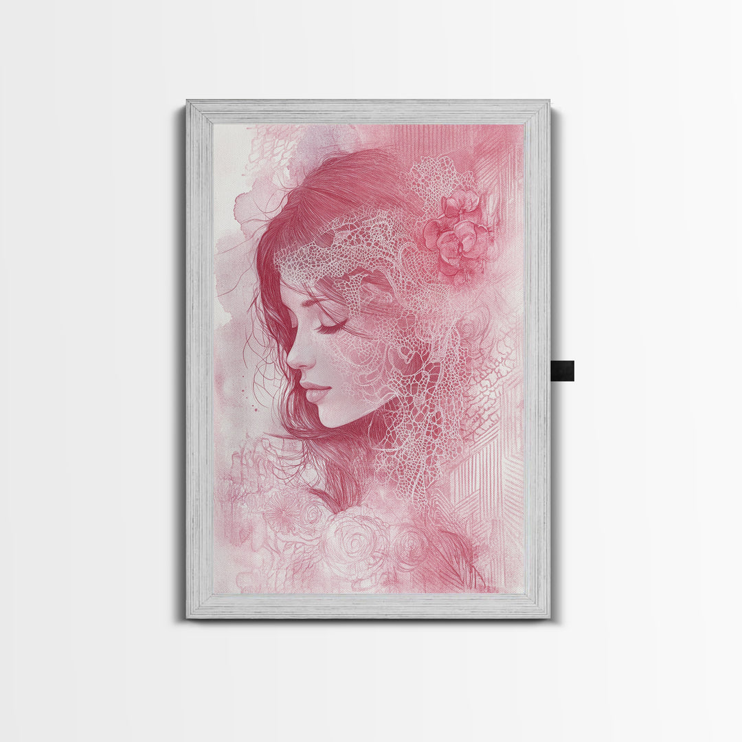 Romantic Portrait Framed Canvas Print Featuring Angels Wall Art Pink Abstract Art Elegant Bedroom Living Room Boho Aesthetic