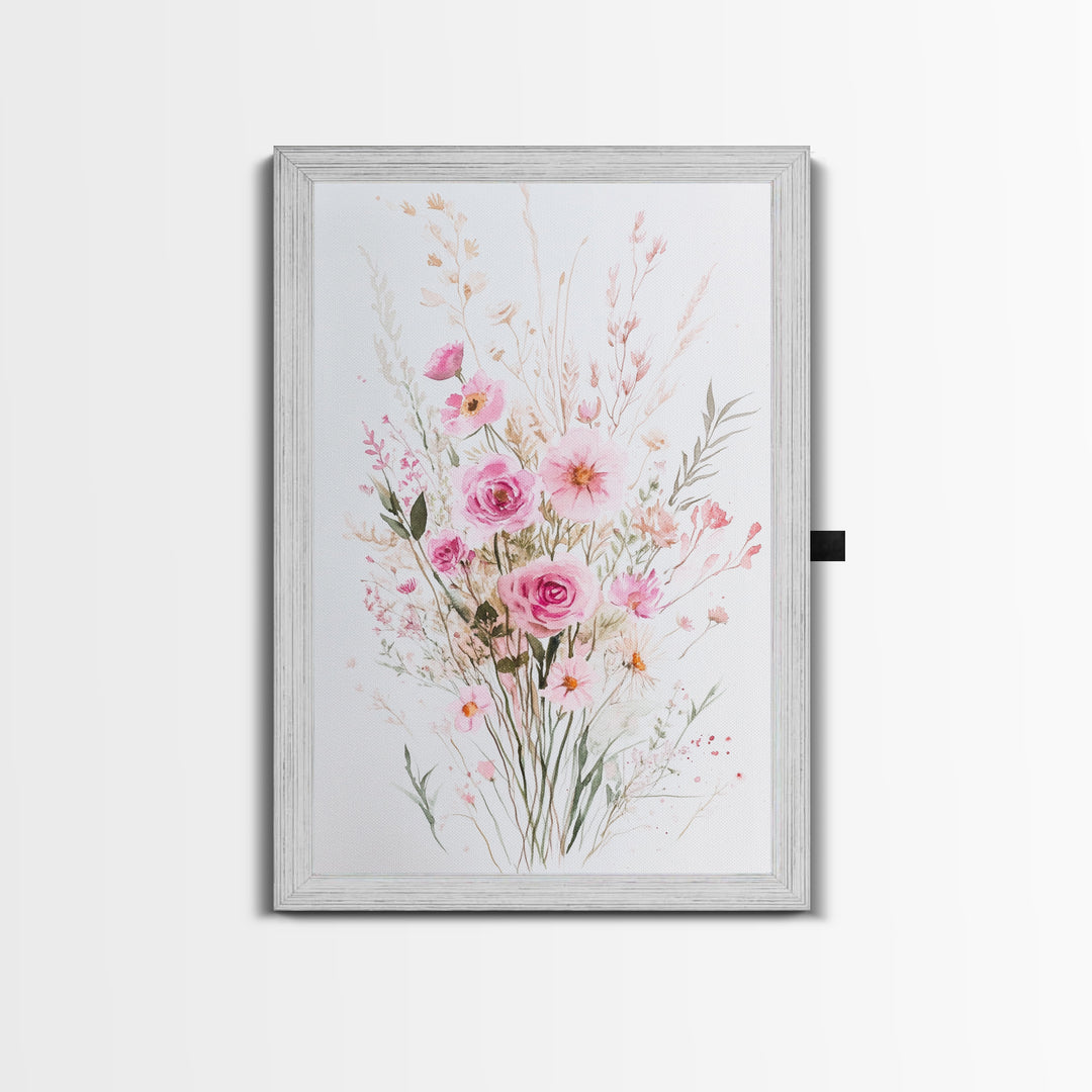 Elegant Pink Bouquet Framed Canvas Print Featuring Wildflower Painting Light Pink Wall Art Cottagecore Aesthetic Farmhouse Artwork