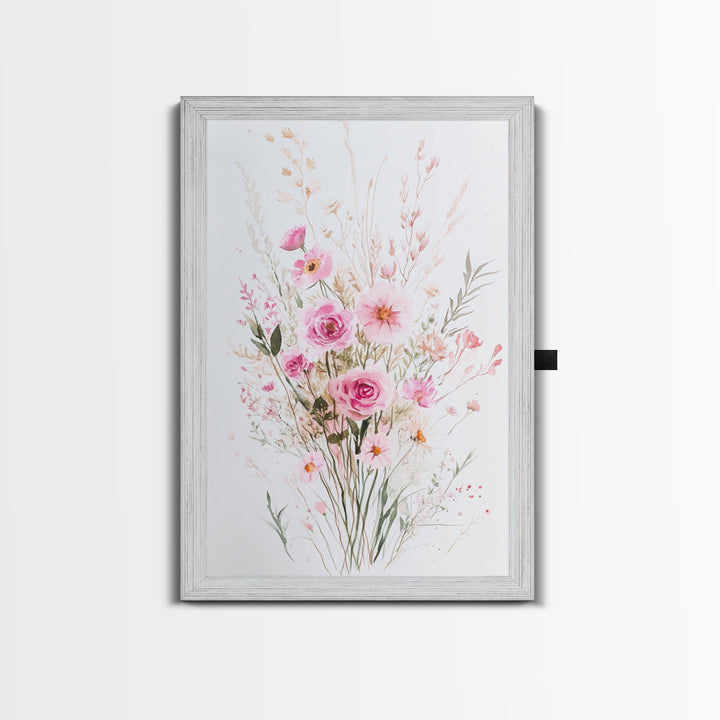 Elegant Pink Bouquet Framed Canvas Print Featuring Wildflower Painting Light Pink Wall Art Cottagecore Aesthetic Farmhouse Artwork