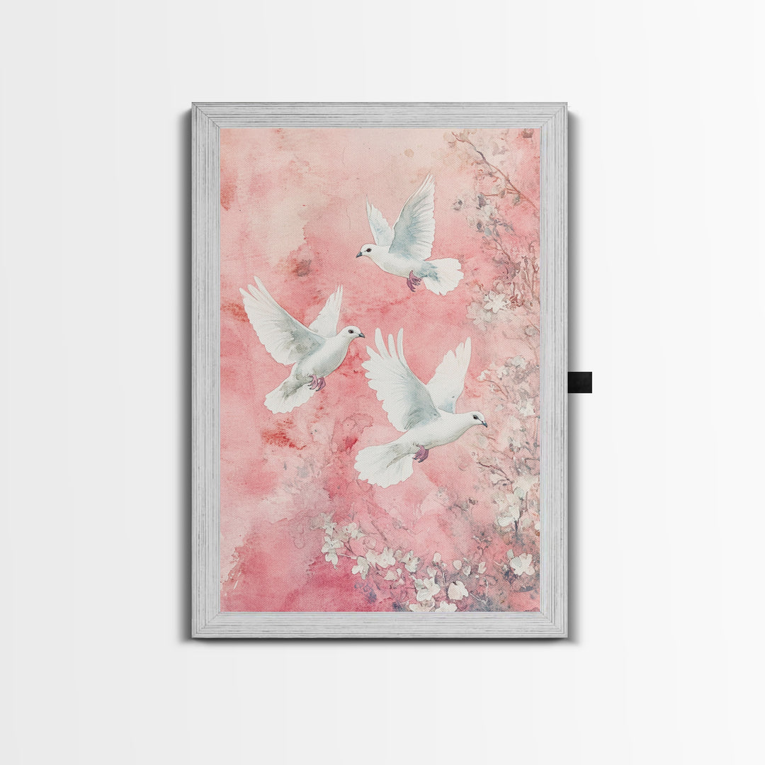 Cherry Blossom Art with Peaceful Doves Framed Canvas Print, Angelic Bird Art Pink Decor, Whimsical Bedroom or Living Room Gift