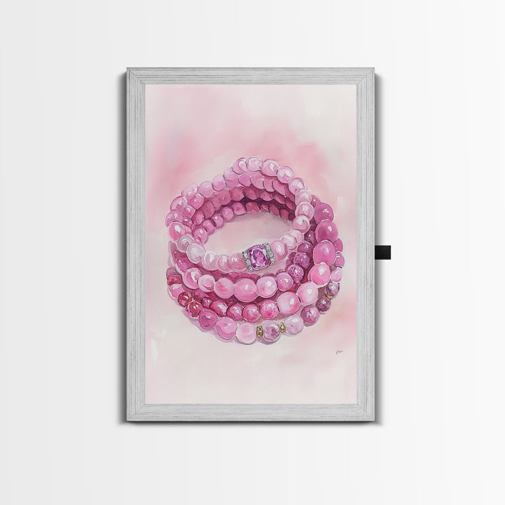 Pink Gemstone Bracelet Painting Framed Canvas Print, Whimsical Jewelry Art Light Pink Decor, Feminine Bedroom or Gift Aesthetic