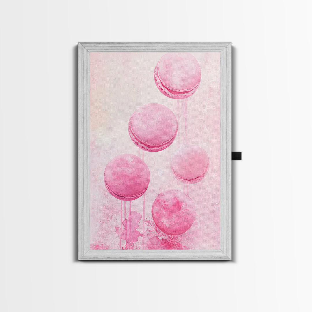 Cute pink macarons whimsical kitchen framed canvas print food review dessert art playful pastel decor cozy gift idea fun wall art