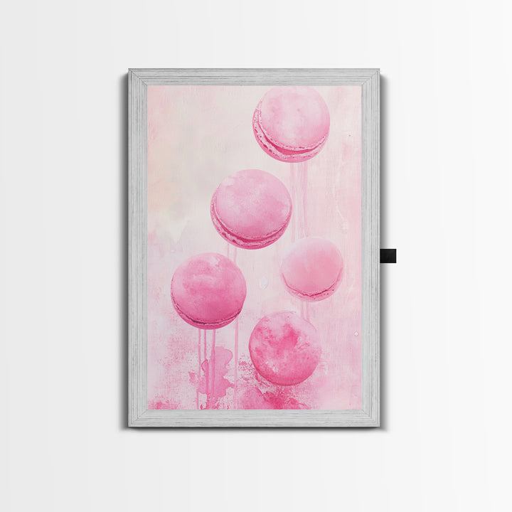 Cute pink macarons whimsical kitchen framed canvas print food review dessert art playful pastel decor cozy gift idea fun wall art