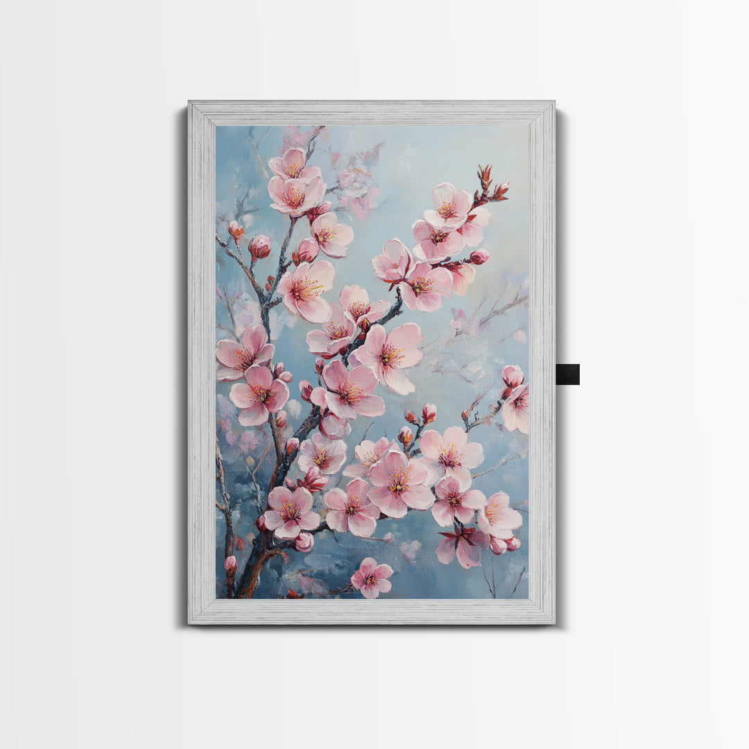 Cherry Blossom Painting Framed Canvas Print | Japanese Sakura Wall Art | Light Pink Wall Art Above Sofa Decor | Floral Nature Print