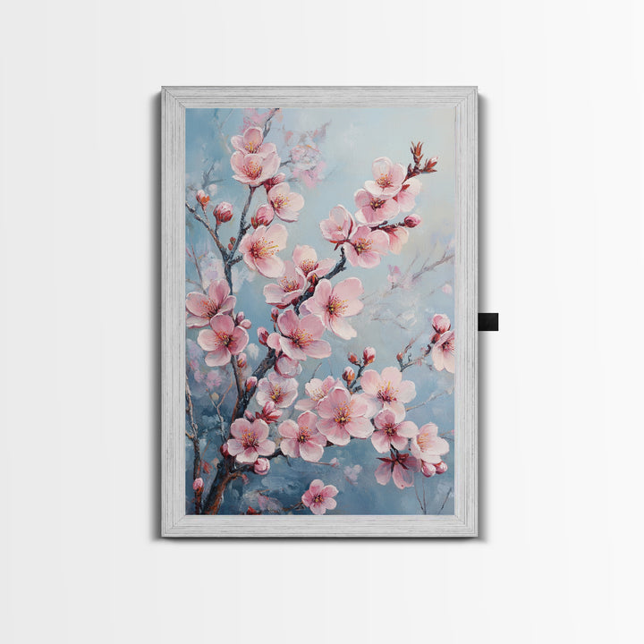 Cherry Blossom Painting Framed Canvas Print | Japanese Sakura Wall Art | Light Pink Wall Art Above Sofa Decor | Floral Nature Print