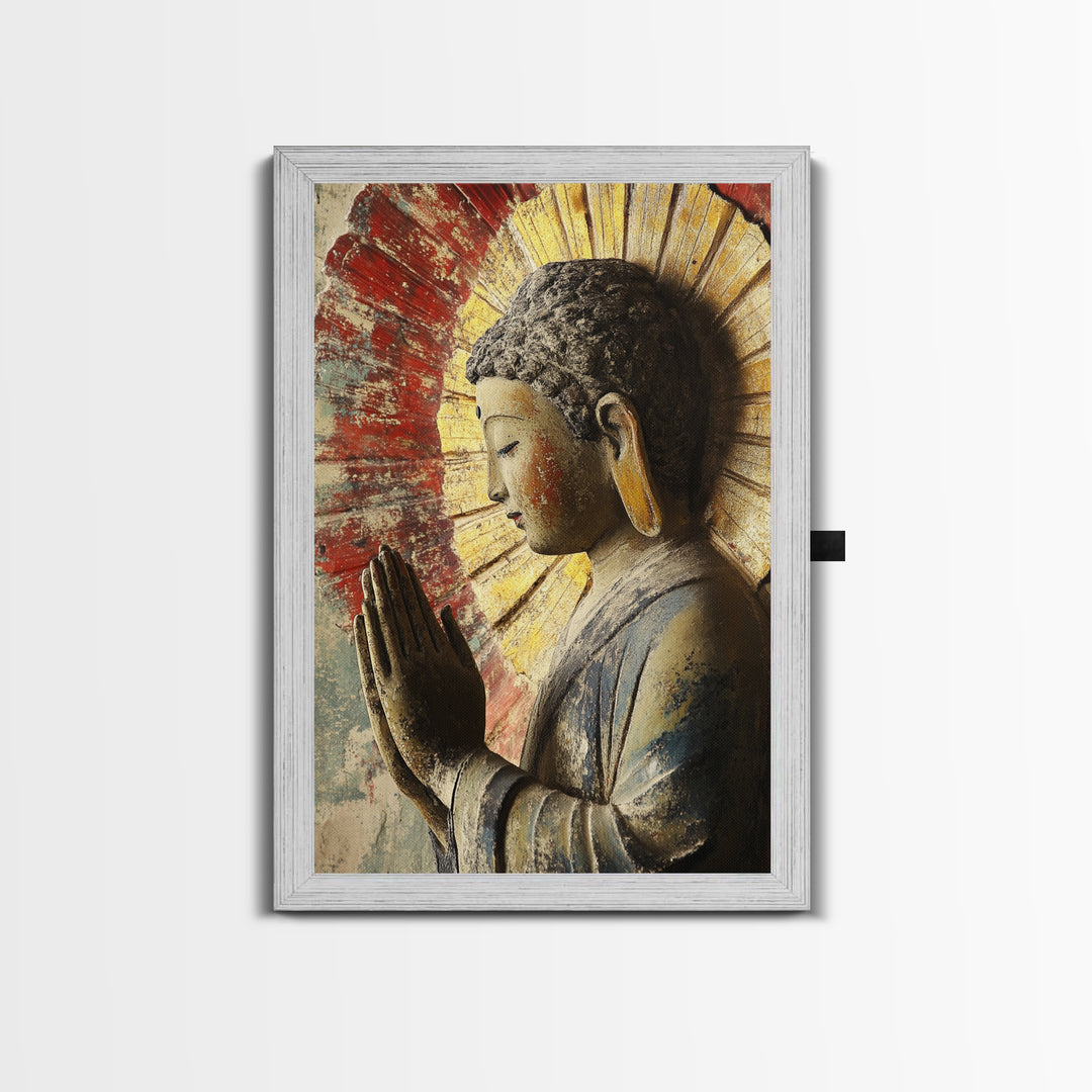 Buddha Prayer Sculpture Framed Canvas Print Zen Wall Art Rustic Decor Sacred Geometry Wall Art Therapy Art Living Room Art Buddha Art