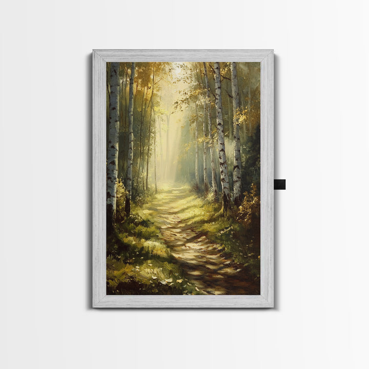 Birch Forest Path Framed Canvas Print Rustic Wall Art Farmhouse Wall Art Nature Landscape Art Above Bed Wall Art Fall Decor Living Room Art