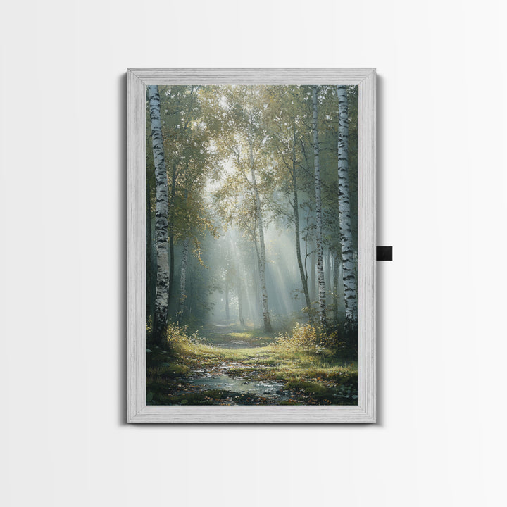 Birch Tree Painting Framed Canvas Print Rustic Wall Art Nature Landscape Gift Living Room Decor Tall Vertical Art for Home