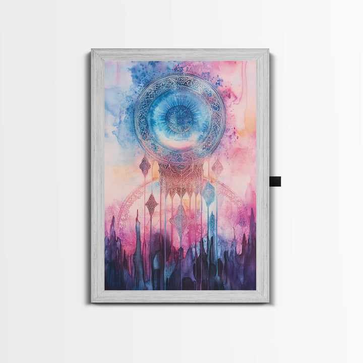 Mystic Sacred Geometry Framed Canvas Print with Bahai Art Elements and Vibrant Pink Blue Abstract, Boho Home Wall Decor