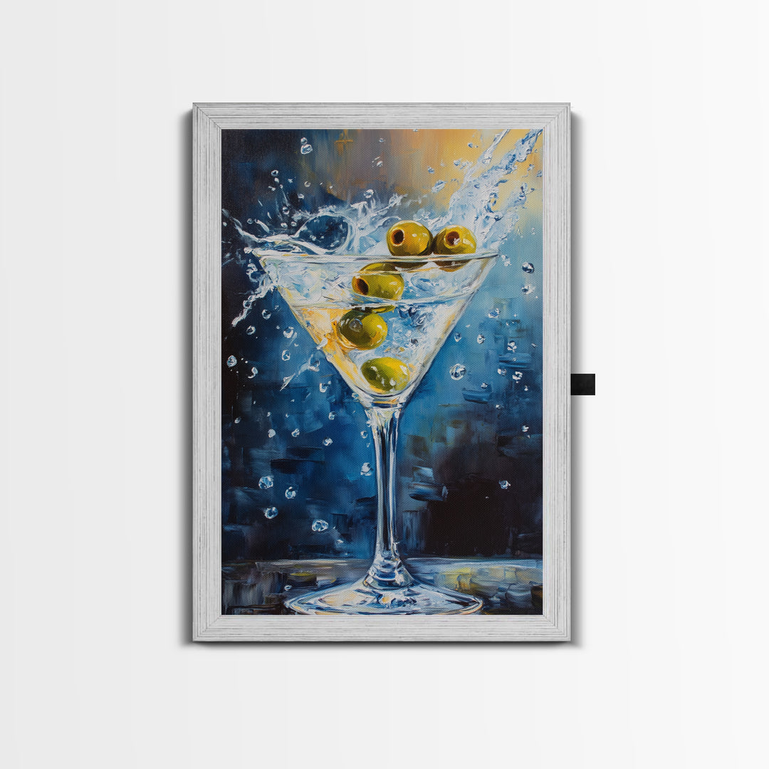 Elegant Olive Martini Framed Canvas Print with Vibrant Cocktail Art for Living Room or Kitchen, Rustic Home Decor