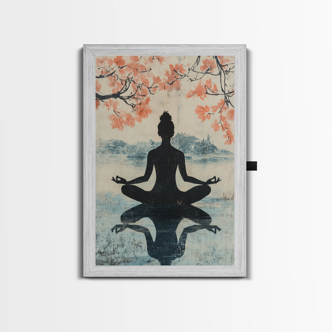 Cherry Blossom Canvas Print Featuring Zen Silhouette, Oriental Inspired Wabi Sabi Art, Minimalist Yoga Wall Art for Tranquility