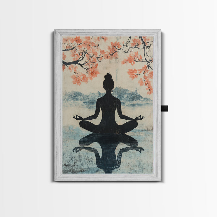Cherry Blossom Canvas Print Featuring Zen Silhouette, Oriental Inspired Wabi Sabi Art, Minimalist Yoga Wall Art for Tranquility